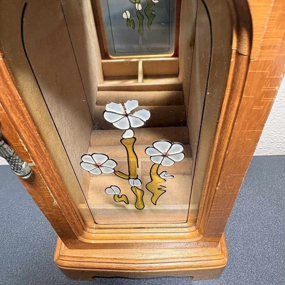 Vintage Brown Wooden Floral Jewelry Box with Glass Door and Compartments